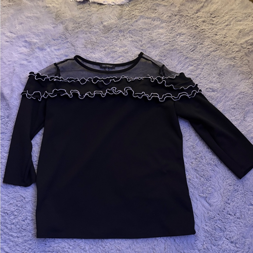 For Cynthia Black Sheer Ruffle Blouse